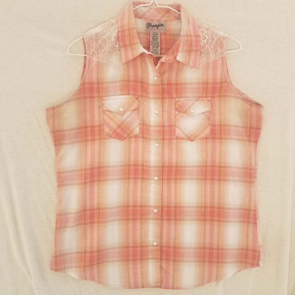 Wrangler Pearl Snap Button Down Tank, Lace Detail